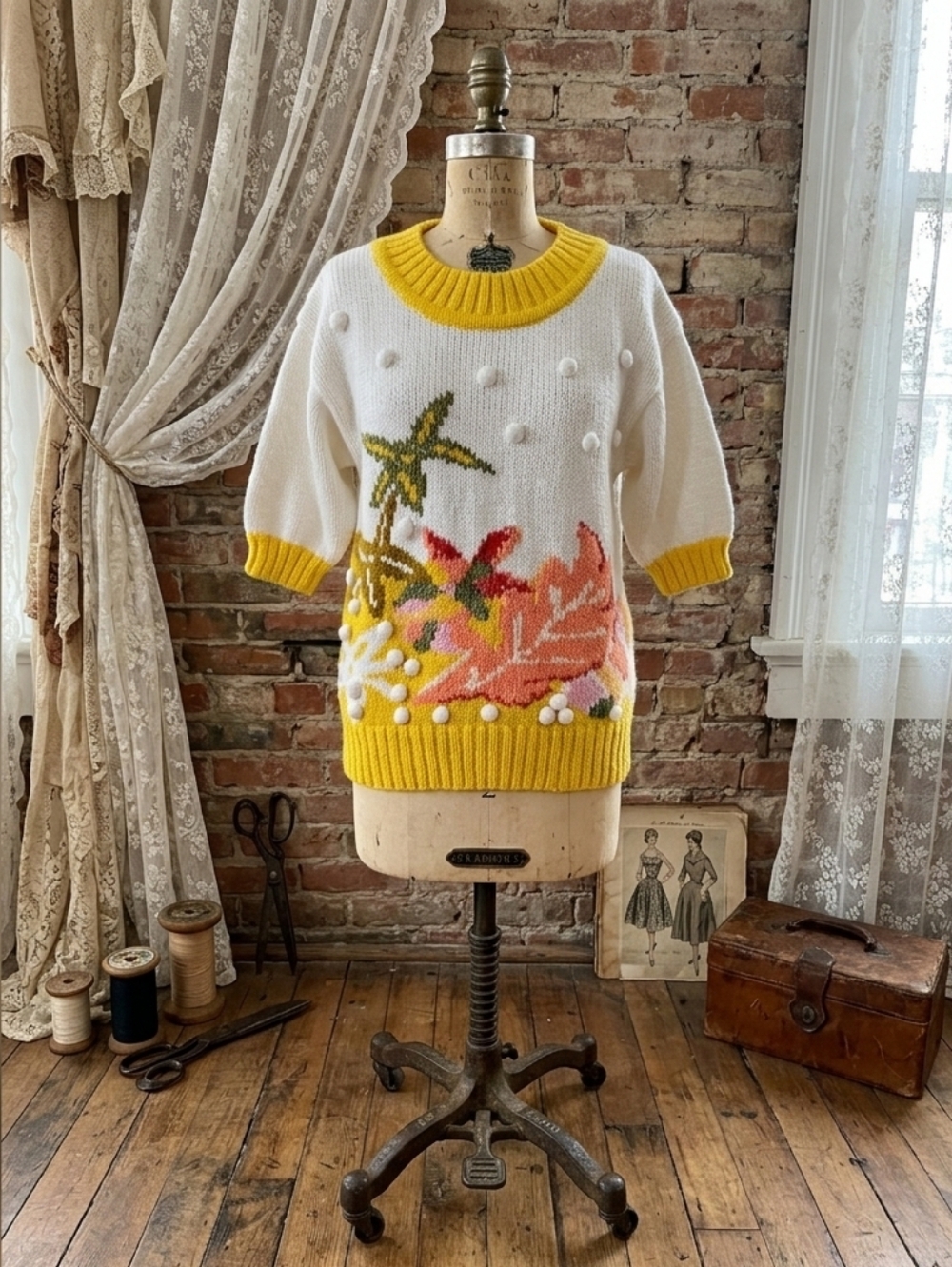 Vintage FairSet Knit Sweater | Tropical Palm Leaf | Textured Pom Pom Knit